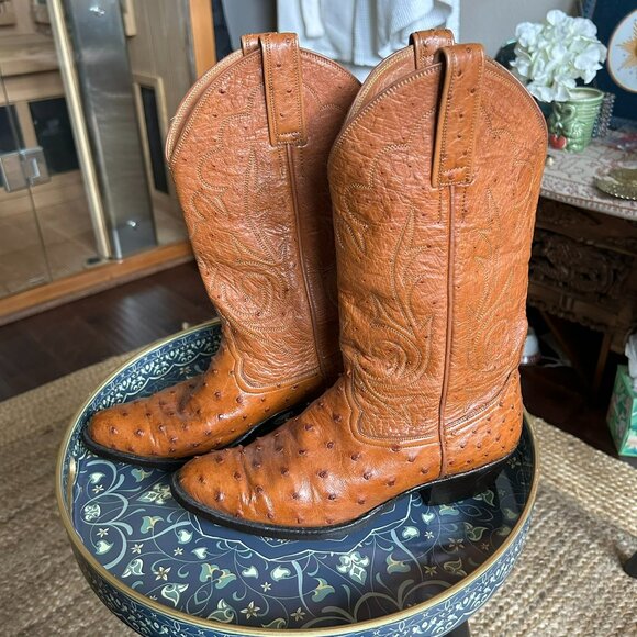 Custom Made Ostrich Leather Cowboy Boots – Saddle Tan | Size 7.5 / 8 - Picture 4 of 11